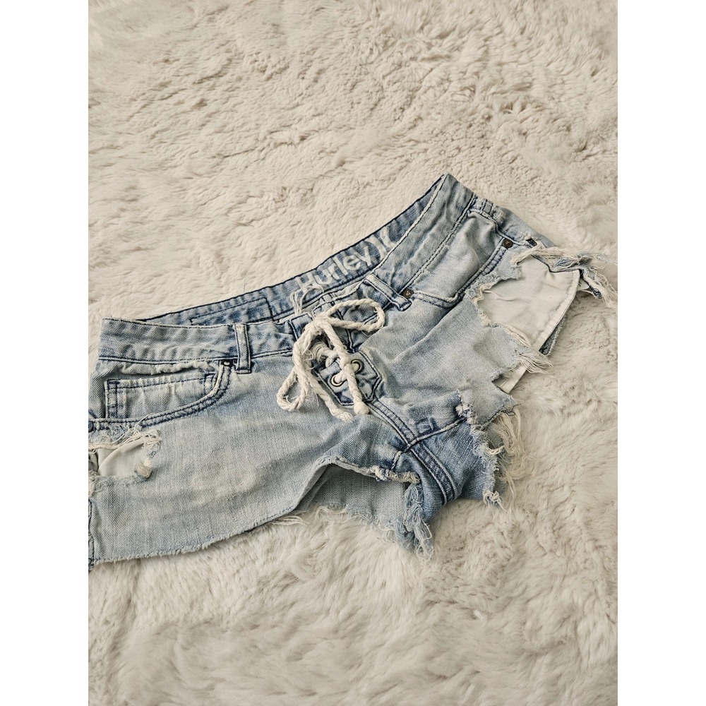 Hurley Denim Shorts Women Size 3 Blue Distressed Lace Up Raw Hem Low Rise Y2K